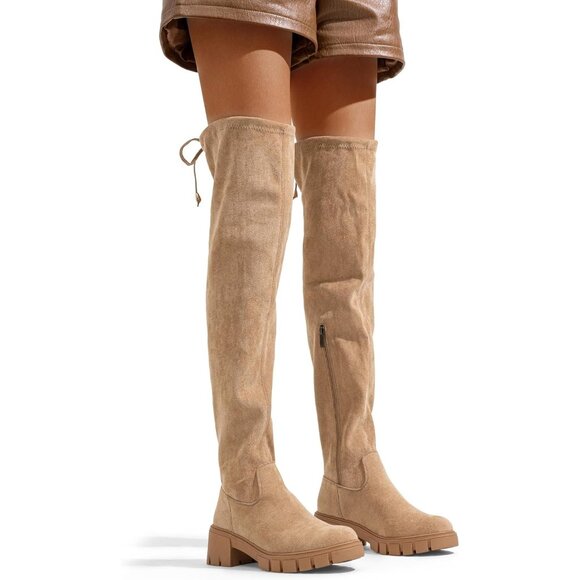 Women's Platform Boots-990-sand Over The Knee Thigh High Round Toe Long Boot - Picture 6 of 8